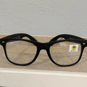 Black frame blue blocker glasses. 6” across eyes and nose and 6” arm